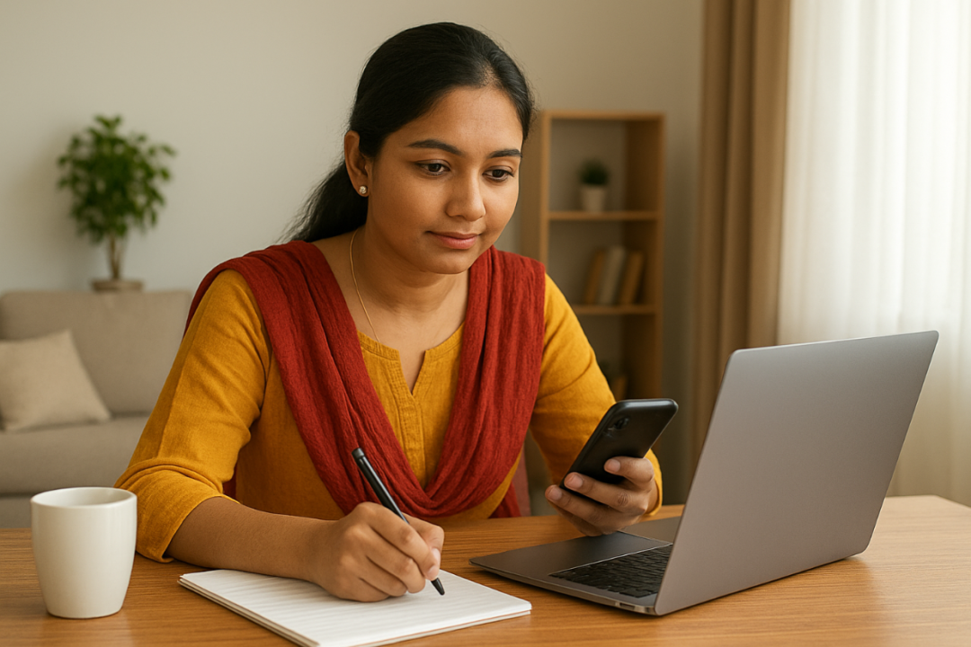 wide hero header image of an Indian young adult working from home at a laptop with smartphone, notebook and coffee, bright cozy home interior, soft natural light, modern, 16:9